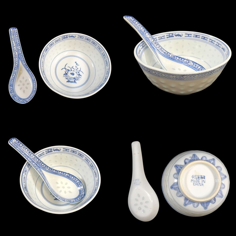 Vintage Chinese Rice Bowl and Spoon Traditional Rice Grain Pattern made in China